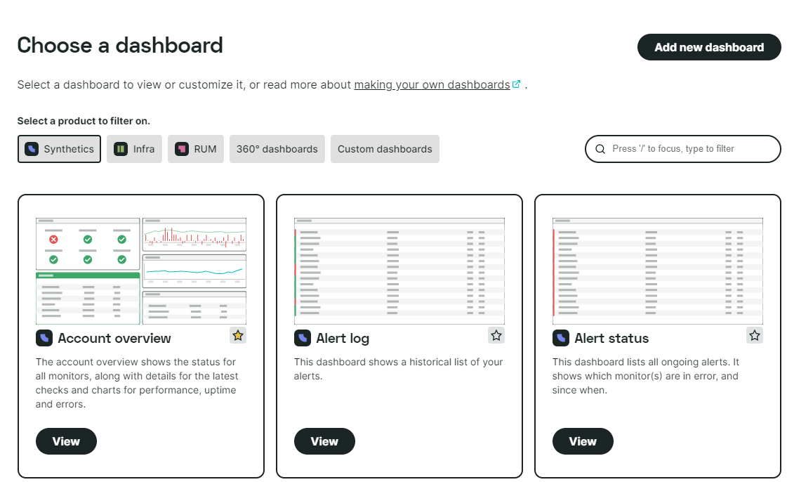 screenshot van het pop-upscherm Alle dashboards