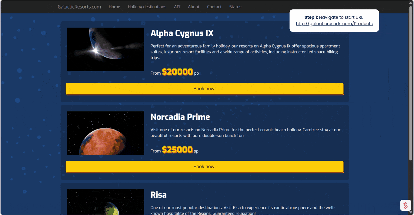 Gebruikersreis Galactic resorts productwebsite