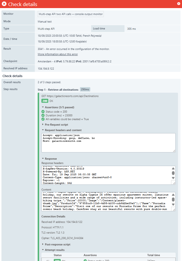 Resultaten Details van de controle voor een multi-step API-controleregel