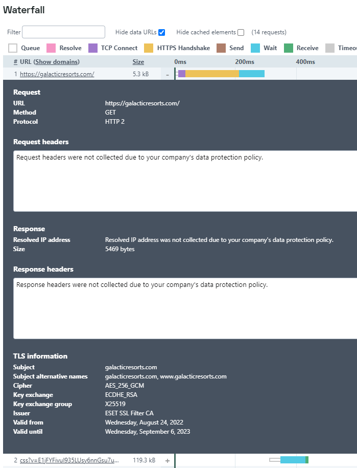 Gegevensbescherming verborgen HTTP request en response headers in watervalgrafiek