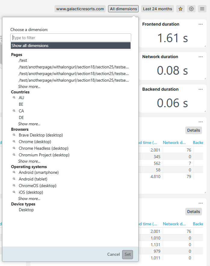 Dimensiefilter in RUM-dashboards