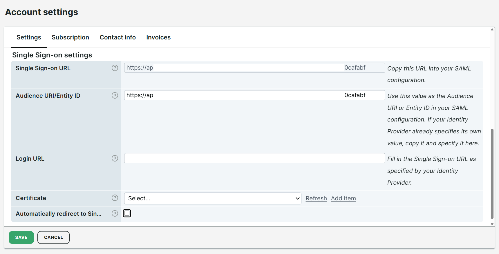 Accountinstelling Automatic Single Sign-On (SSO)-redirect
