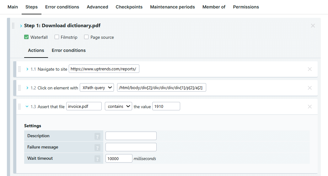 De actie Test bestanddownloads in transactiecontroleregels