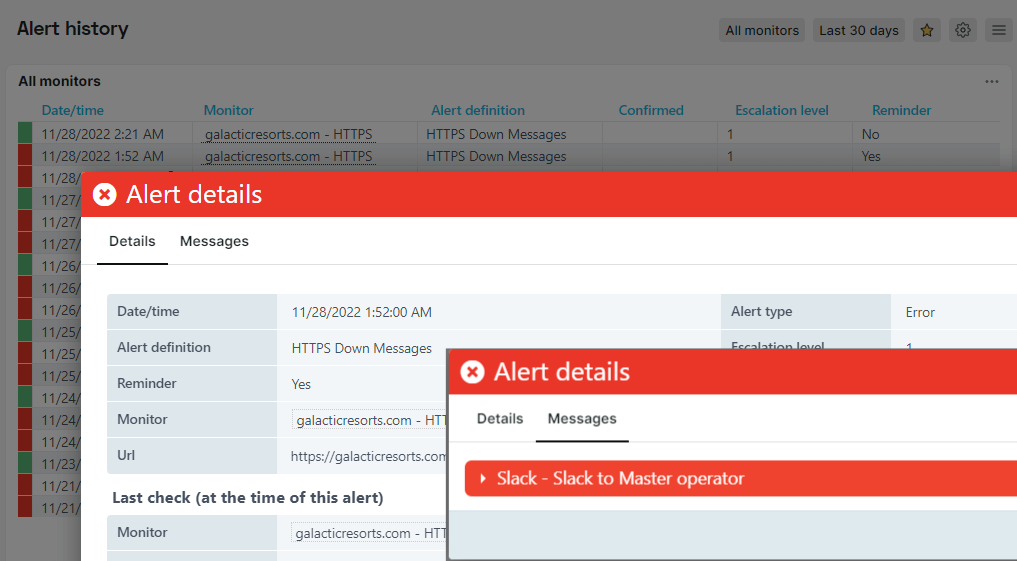 screenshot dashboard Alerthistorie met checkdetail