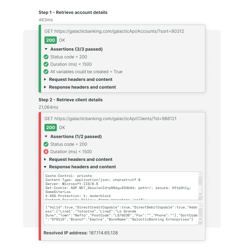 Multi-step API requests en assertions van scenario voor financiële transactie