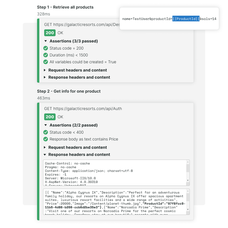 API Monitoring requests met opgeslagen variabelen en data