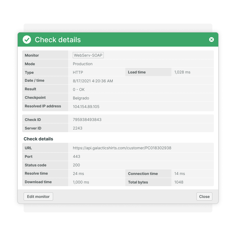 Details en resultaten van API SOAP monitoring check