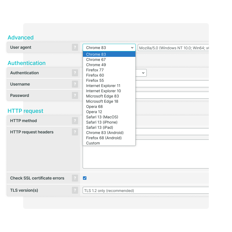 Selectie van user agents en SSL-certificaat