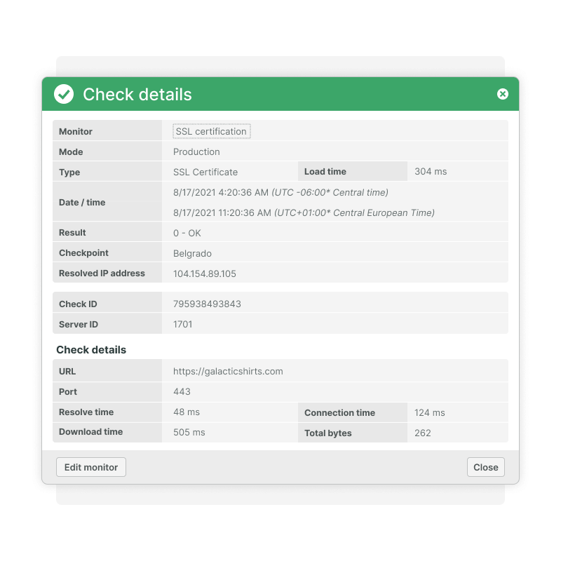 Details van de controle op de vervaldatum van het SSL-certificaat