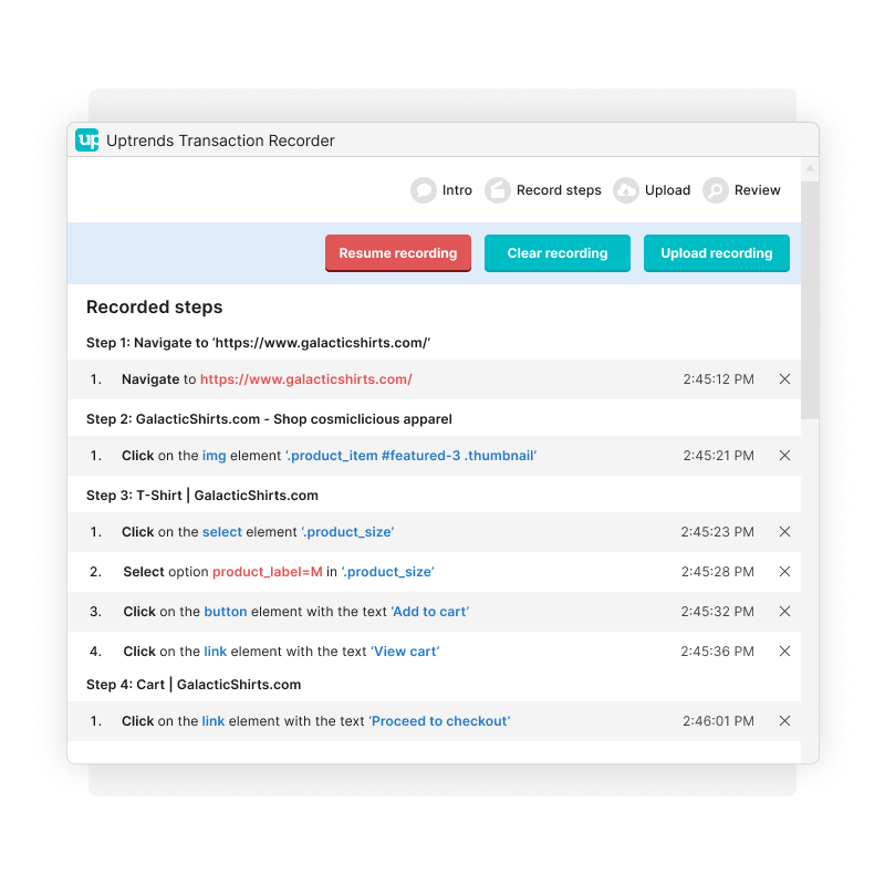 Transaction recording of steps